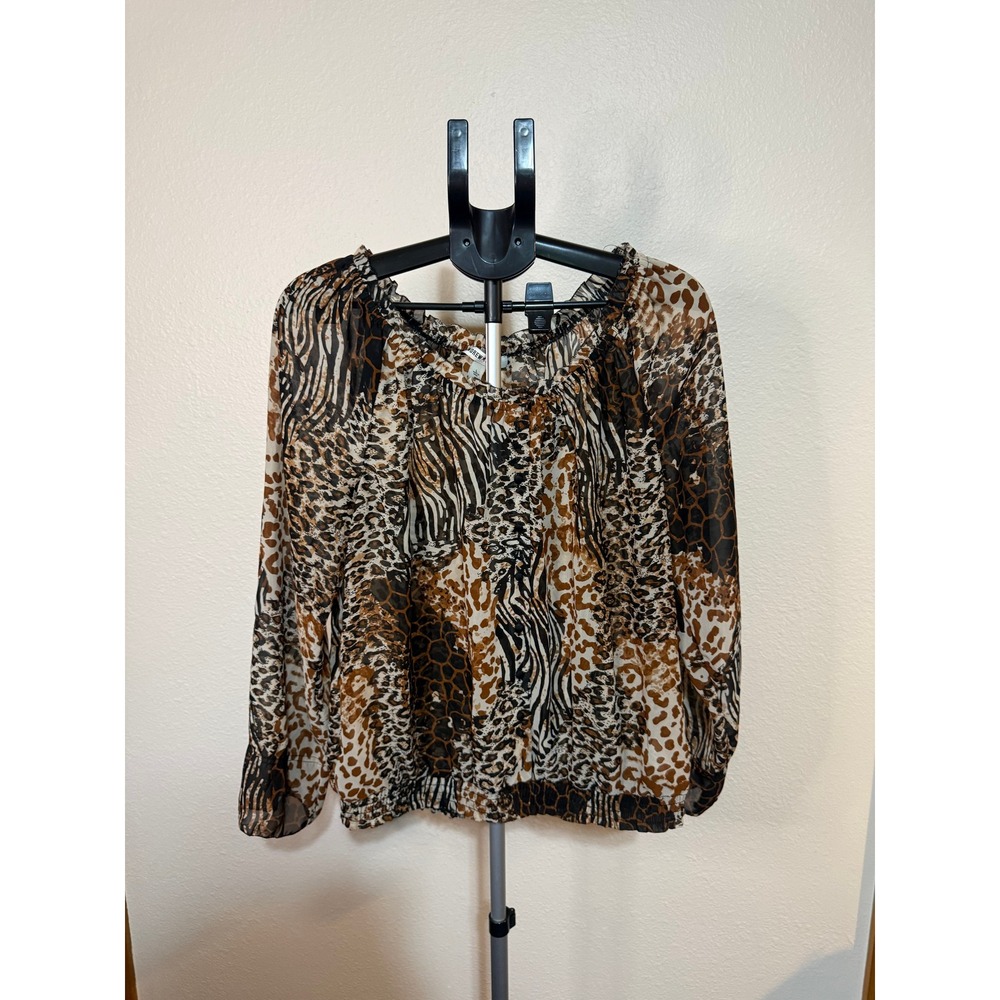 Andrew Charles Womens Mixed Animal Print Blouse Brown Leopard Zebra Large